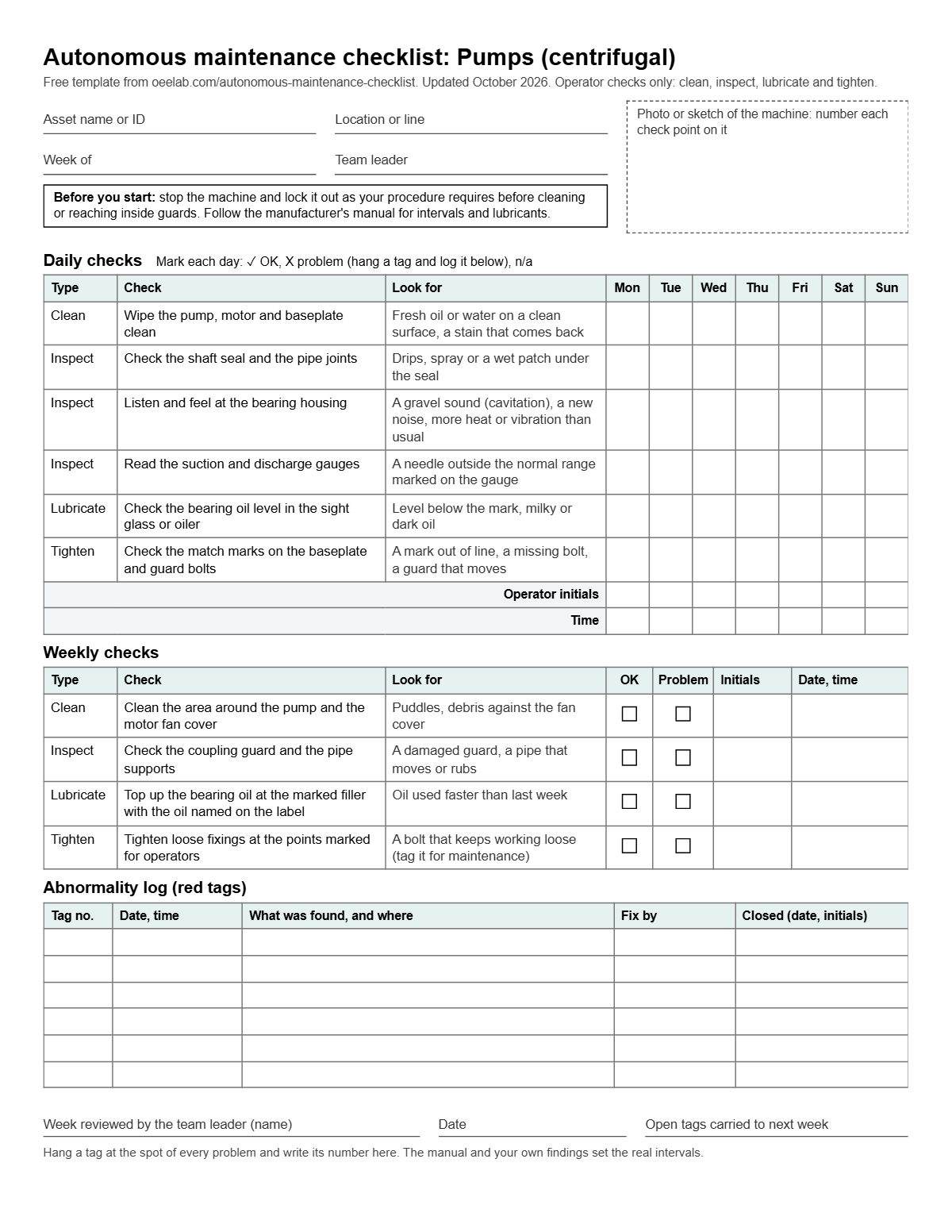 First page of the autonomous maintenance checklist PDF: the centrifugal pump page with a box for a photo or sketch of the machine, the daily checks and a Monday to Sunday grid, rows for the operator's initials and time, the weekly checks with sign-off boxes, and a tag log