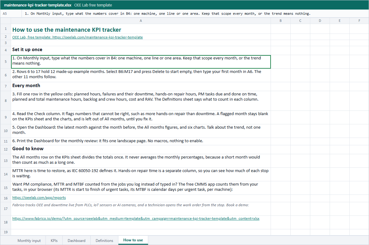 How to use sheet of the Excel tracker: set it up once, then fill one row every month, read the Check column and print the dashboard.